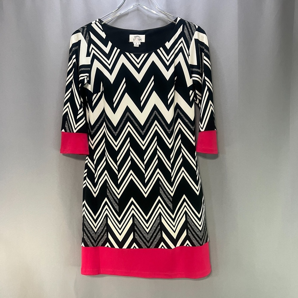 Sweet Storm Shift‎ Dress Womens Large Black White Chevron 3/4 Sleeve Round Neck